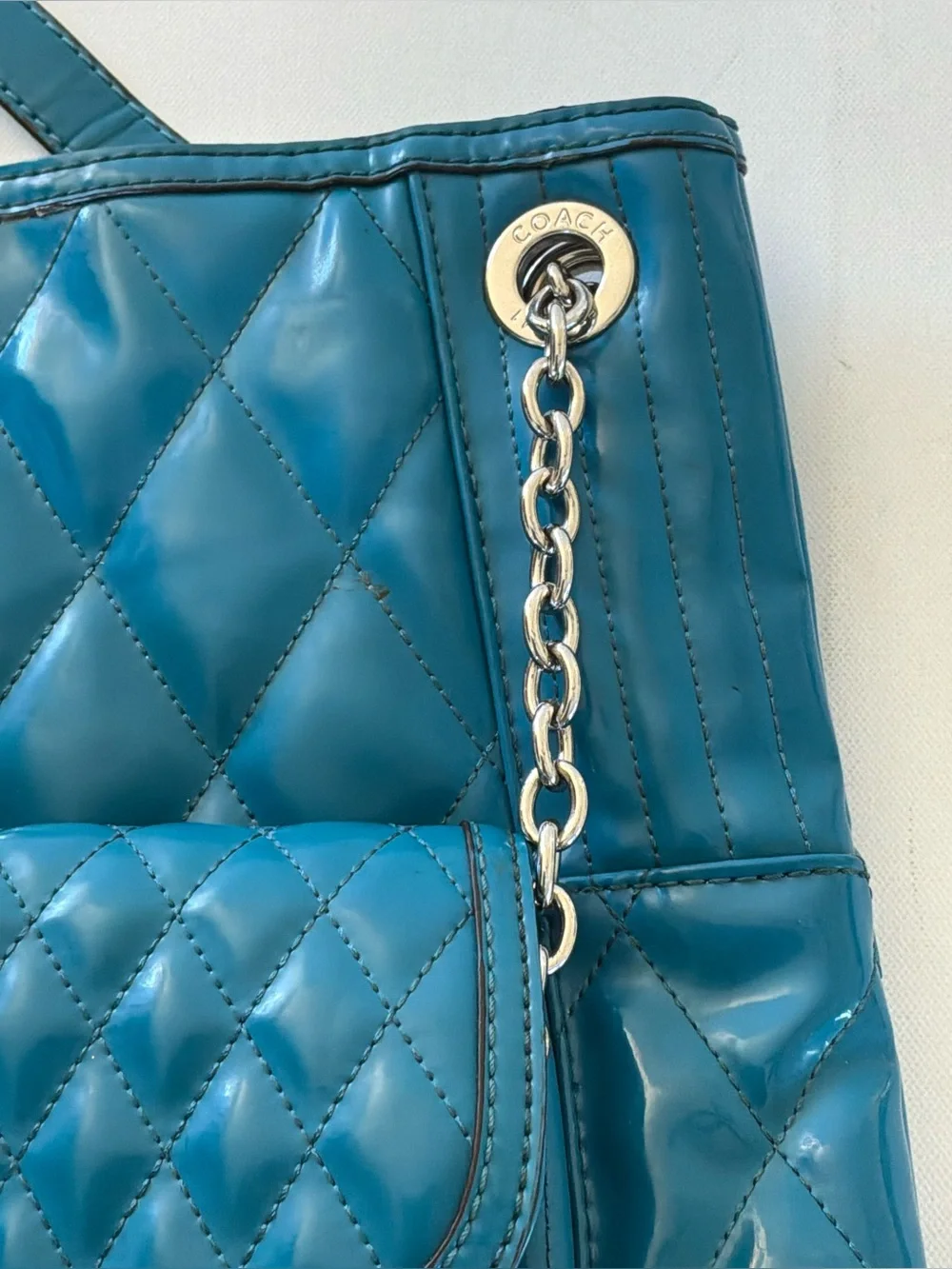 Coach Ashley Teal Patent Leather Quilted Tote Shoulder Bag Chain Strap Large